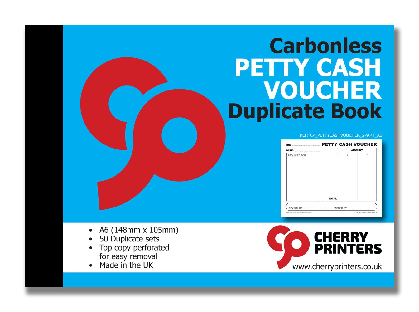 Cherry Carbonless Petty Cash Voucher Duplicate Book | A6 (148mm x 105mm) | 50 Perforated Sets | Made in The UK