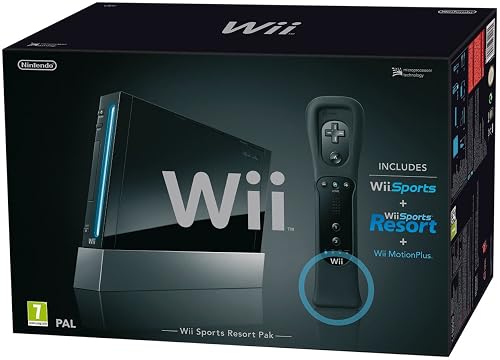 Nintendo Wii Console (Black) with Wii Sports + Wii Sports Resort and Motion Plus Controller (Wii)