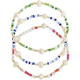 BXDA Gold Seed Beads Pearl Bracelets Stack Set for Women, 3Pcs Boho Handmade stackable colorful Beaded Stretch Stackable Bracelet Beach Jewelry Gift.