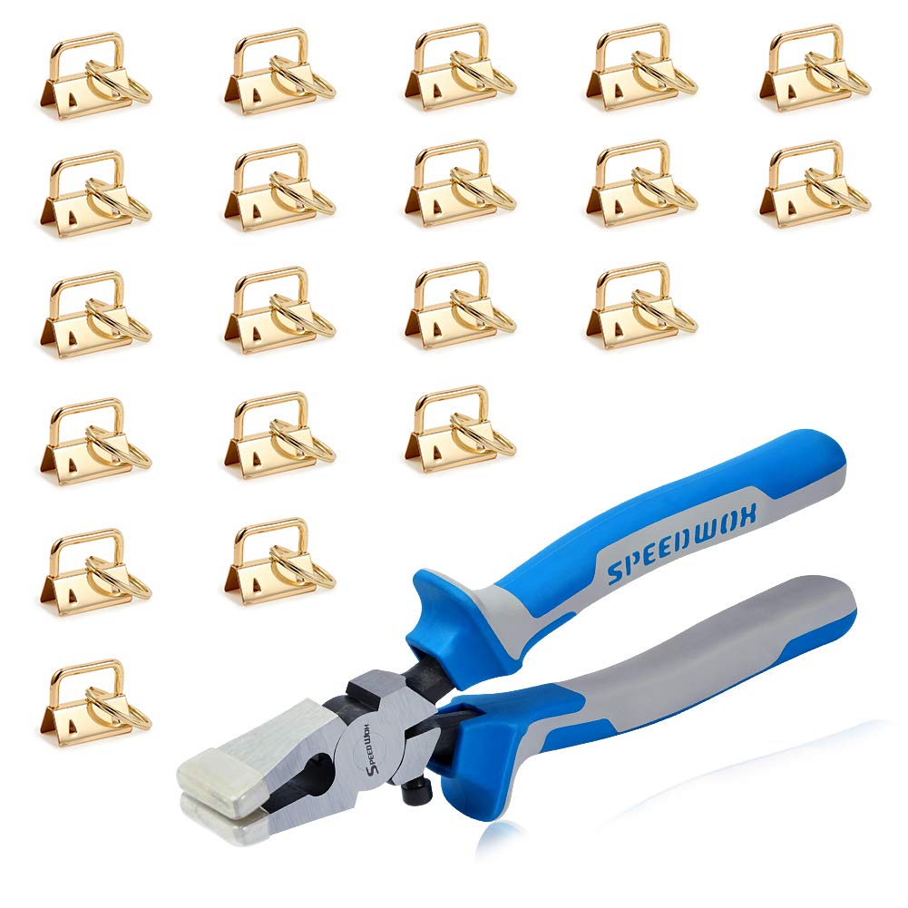 SPEEDWOX Key Fob Pliers and 20 Sets 1 Inch Key Fob Hardware with Keychain Split Rings Webbing Fabric Strapping Wristlet Golden Set Glass Breaking Pliers Tools with Rubber Tips