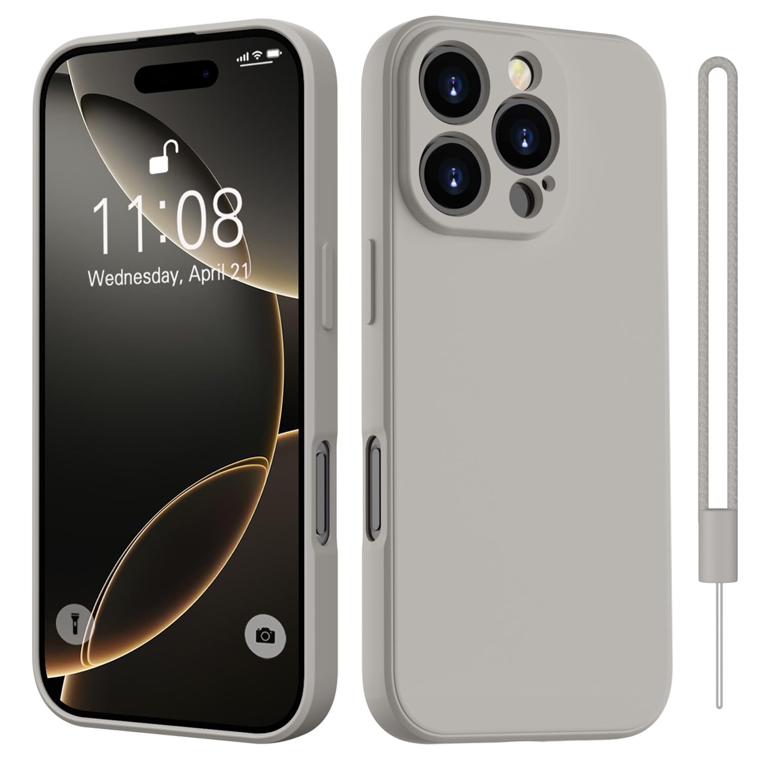 HGH for iPhone 16 Pro Case Silicone With Lanyard, [Camera All-Round Protection] [Soft Microfiber Lining Anti-Scratch] Full Covered Shockproof Phone Case for iPhone 16 Pro, Titanium Gray