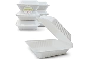 Green Earth 8-Inch, 100-Count, 1-Compartment, Compostable Clamshell, Natural Bagasse, Take-Out/to-Go Boxes - Biodegradable Containers