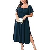 CICIDUDU Women Plus Size Dress Wedding Guest Formal Ruffle Short Sleeve Square Neck Smocked Flowy A Line Slit Maxi Dresses
