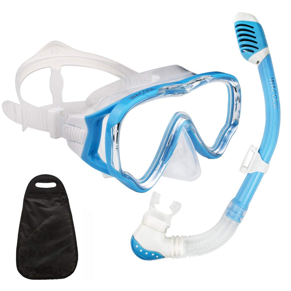 WACOOL Snorkeling Snorkel Package Set for Kids Youth Junior, Anti-Fog Coated Glass Diving Mask, Snorkel with Silicon Mouth Piece,Purge Valve and Anti-Splash Guard.