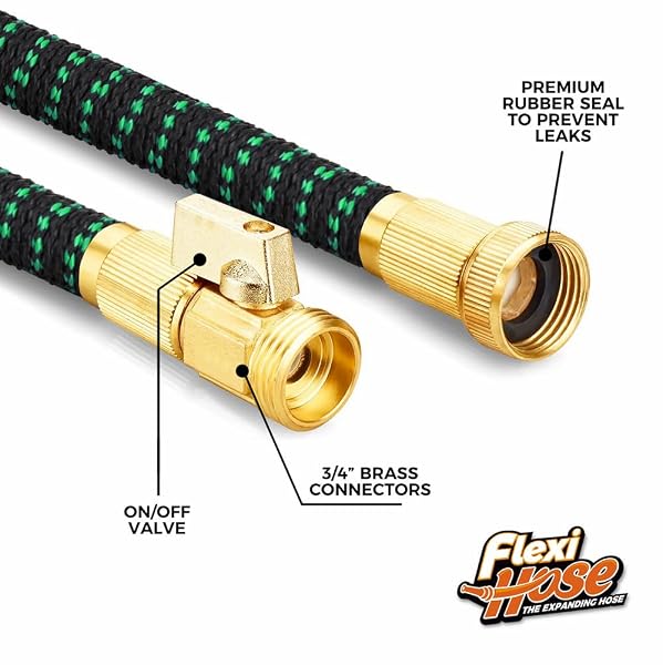 FLEXI HOSE WITH 8 FUNCTION NOZZLE, 150FT – LIGHTWEIGHT EXPANDABLE GARDEN HOSE, NO-KINK FLEXIBILITY, 3/4 INCH SOLID BRASS FITTINGS AND DOUBLE LATEX CORE – BLACK AND GREEN