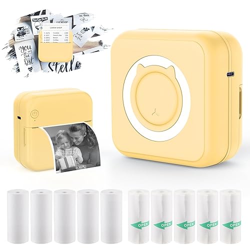 HUIJUTCHEN Mini Pocket Printer Portable Thermal Photo Printer with 10 Rolls Printing Paper for Android or iOS APP, Bluetooth Inkless Printer Labler Maker (C15-Yellow)