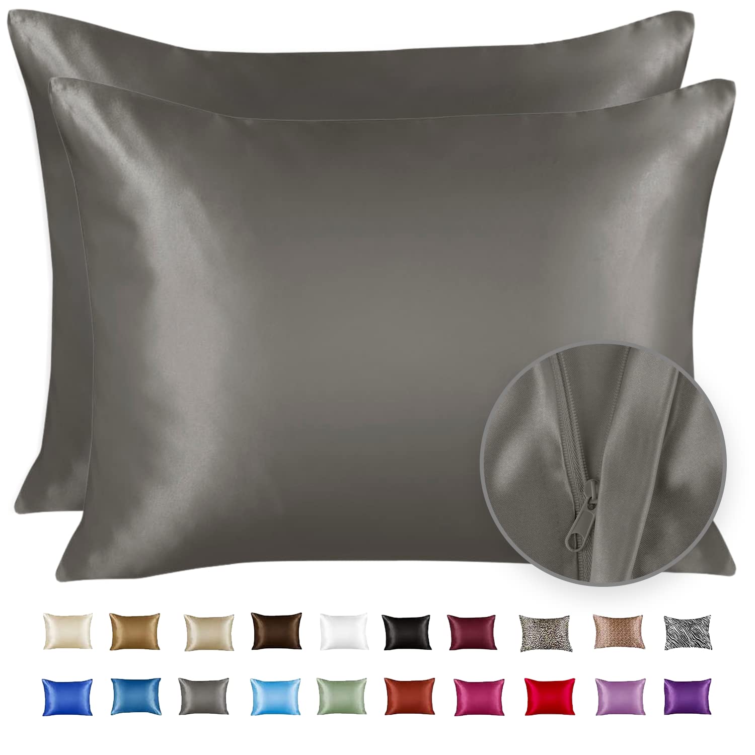 ShopBedding Satin Pillowcase with Zipper, for Hair and Skin Care, Feels Soft and Cool Like a Silk Pillowcase, Satin Pillow Cases 2 Pack, Slik Pillow Cover, Silver Grey - Standard Size - Set of 2