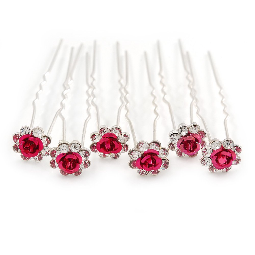 Bridal/Wedding/Prom/Party Set Of 6 Clear Austrian Crystal Fuchsia Rose Flower Hair Pins In Silver Tone