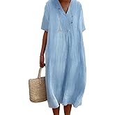DEPENSL Womens Cotton Linen Midi Dress Summer Beach Casual Dresses V Neck Shift Dress Loose Fit Trapeze Dress