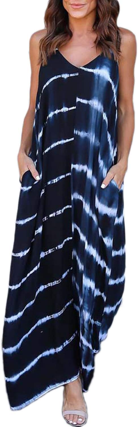Women V Neck Spaghetti Strap Striped Pattern Pockets Beach Long Maxi Dress