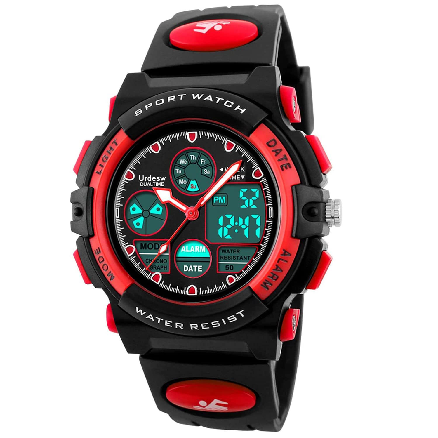 Urdesw Kids Digital Waterproof Watches for 6-15 Year Old Boys Electronic Toys Games Teen Boys Birthday Presents Gift for 6-15 Year Old Girls Red Christmas Day Gifts