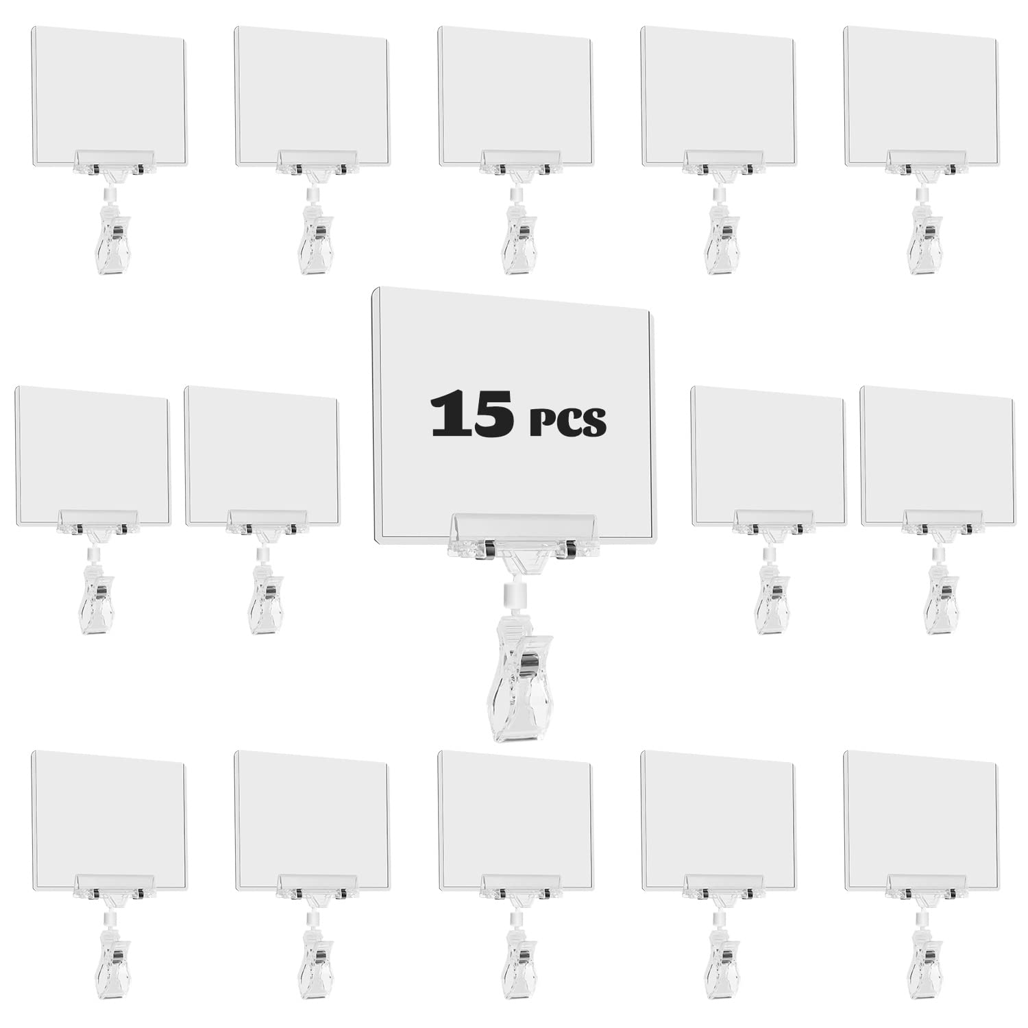 SIYOMG Plastic Sign Holder Clip, 15 Pack Double Head Rotating Clip On POP Swivel Holding Clamp Card Protector, Merchandise Display Business Store Supermarket Office Exhibition, transparent