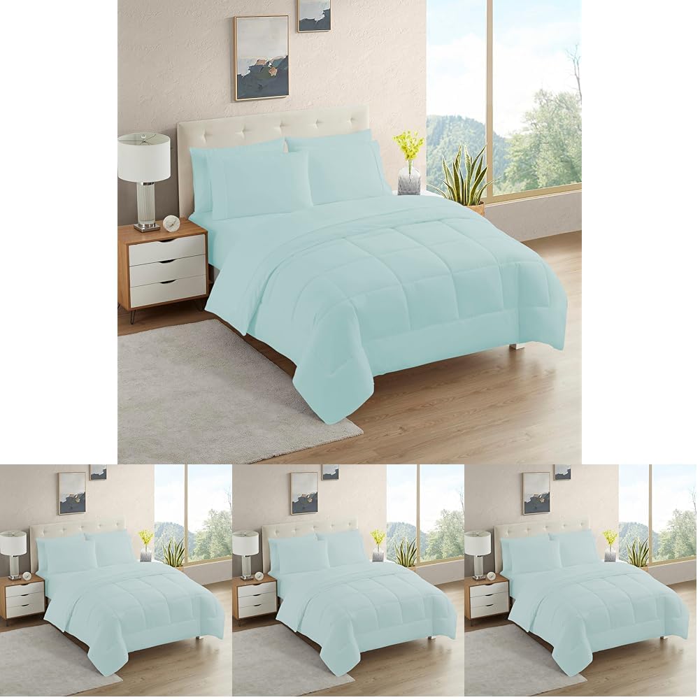 Sweet Home Collection 7 Piece Comforter Set Bag Solid Color All Season Soft Down Alternative Blanket & Luxurious Microfiber Bed Sheets, Aqua, Twin (Pack of 4) Image