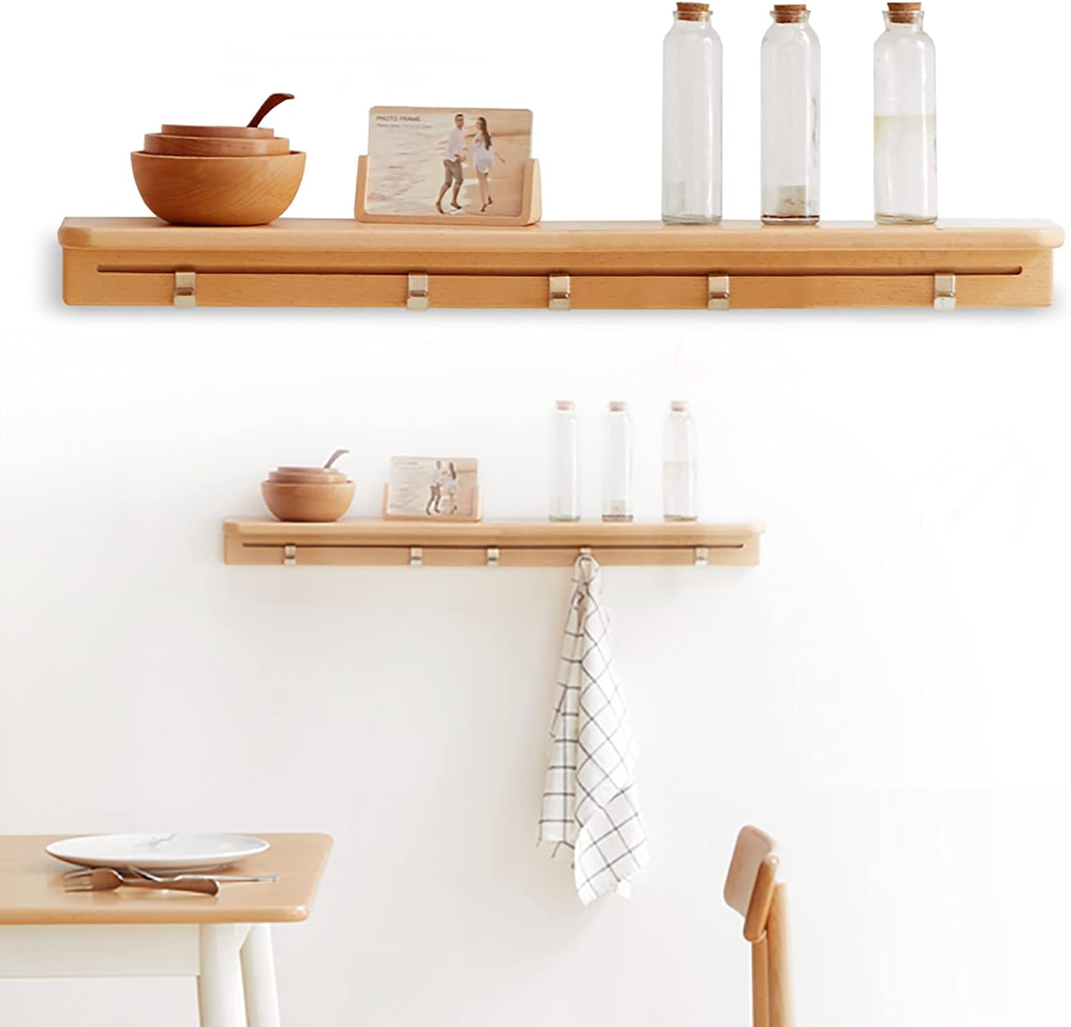 Wall Shelf Solid Wood, Shelf Boards with Hooks, Floating Shelves Beech, Wall Shelf Large, Shelf