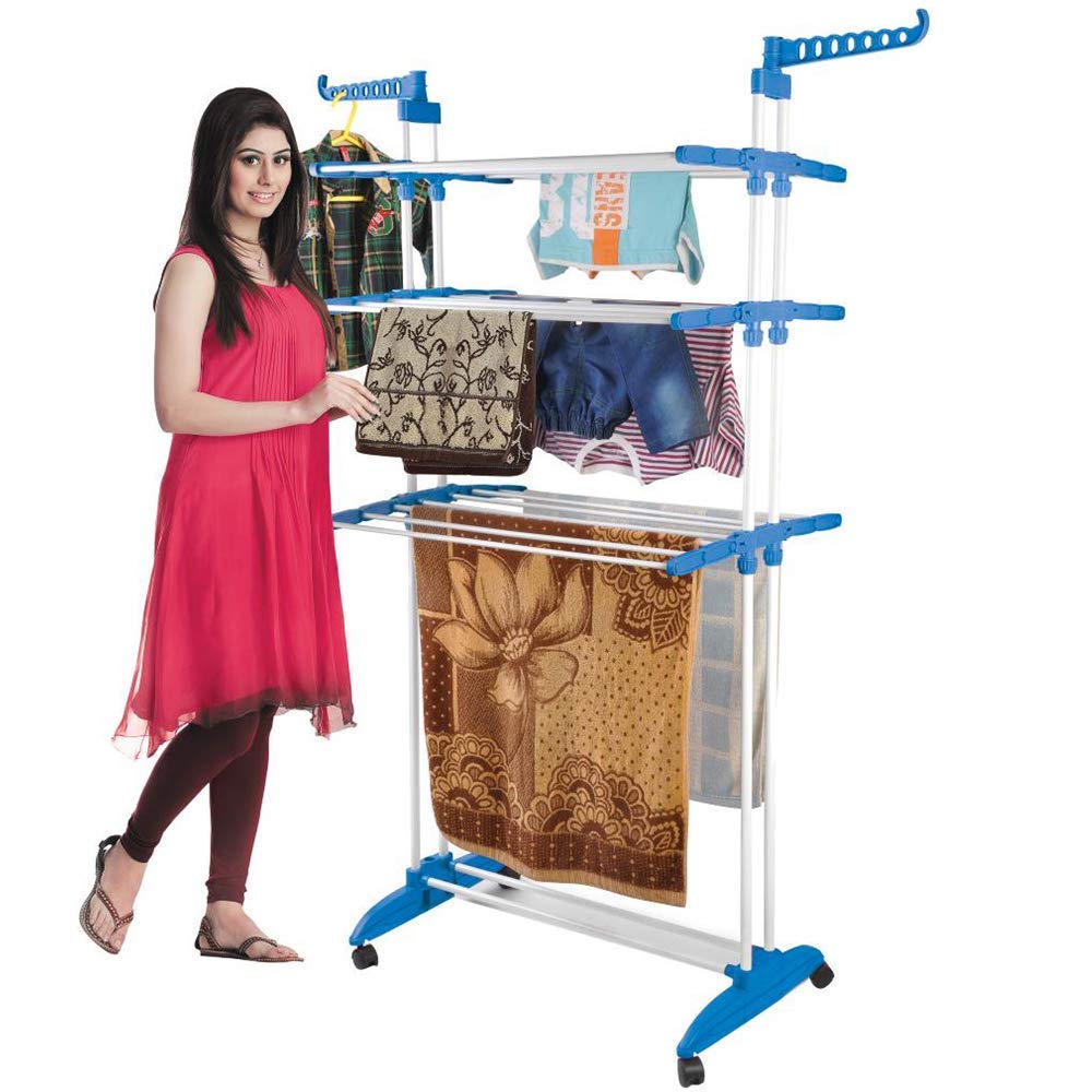 Folding Double Supported 3 Layer Cloth Drying Stand Laundry Dryer Hanger with Breaking Wheels