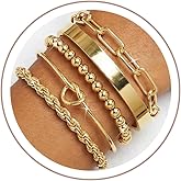 Gold Bracelets for Women Stack Non Tarnish 14K Gold Plated Chunky Gold Bangles Bracelet Set Adjustable Beaded Paperclip Chain Rope Dainty Trendy Waterproof Stackable Cuff Bracelets Jewelry Gifts for Women