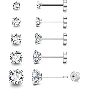 8mm Long Post Threadless Flat Back Earrings for Thick Earlobe, Push In CZ Stud Earrings Set for Women Men, Stainless Steel Ca