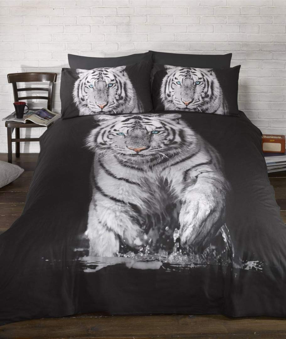 Bedding Heaven Stunning Tiger Duvet Cover. Quirky Photographic Animal Print Quilt Set. Black and