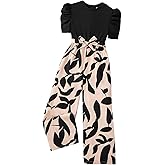 WDIRARA Girls's Casual Graphic Puff Sleeve Bow Belted Wide Leg Jumpsuit