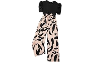 WDIRARA Girls's Casual Graphic Puff Sleeve Bow Belted Wide Leg Jumpsuit