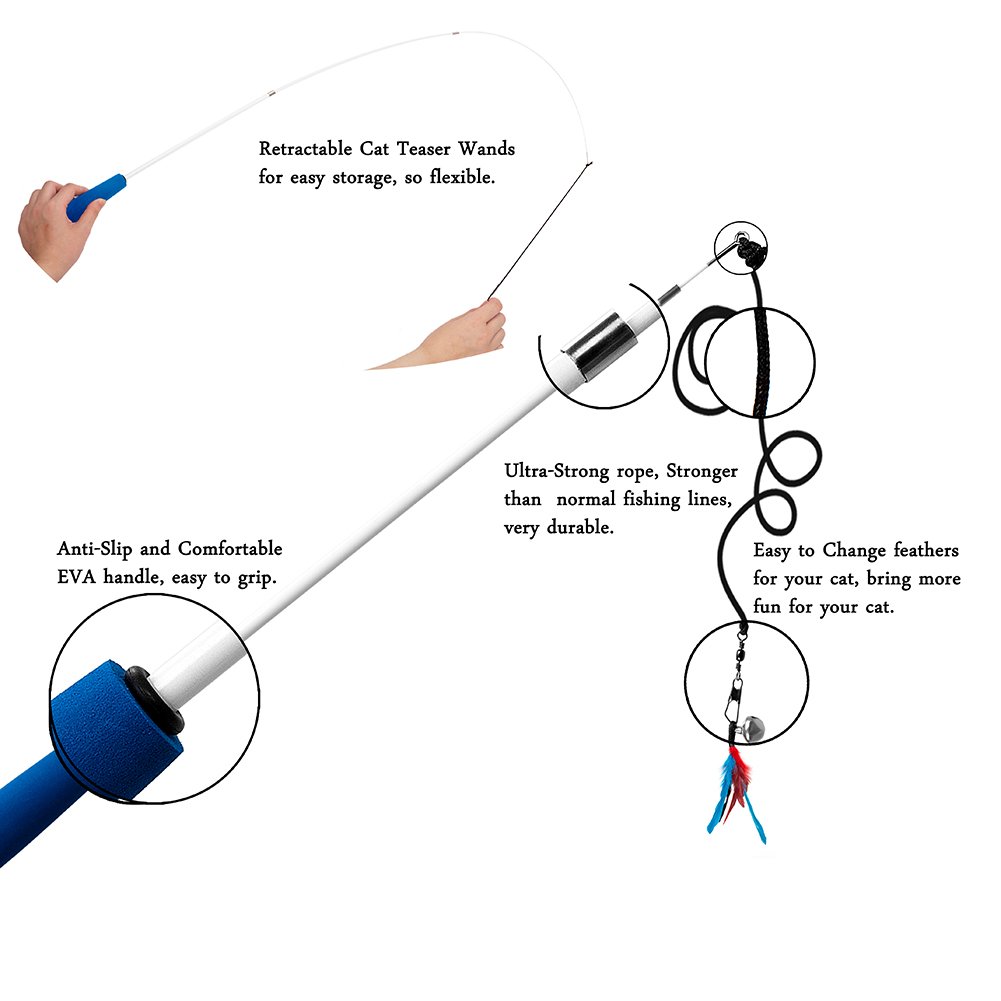 Cat Wand, Interactive Cat Toys Retractable Wand, Cat Feather Toy, Kitten Toys, 1 PCS Yellow Caterpillar Toy, 4 PCS Replacement Natural Feathers Toys, 1 PCS Carbon Fiber Telescopic Cat Teaser Wand