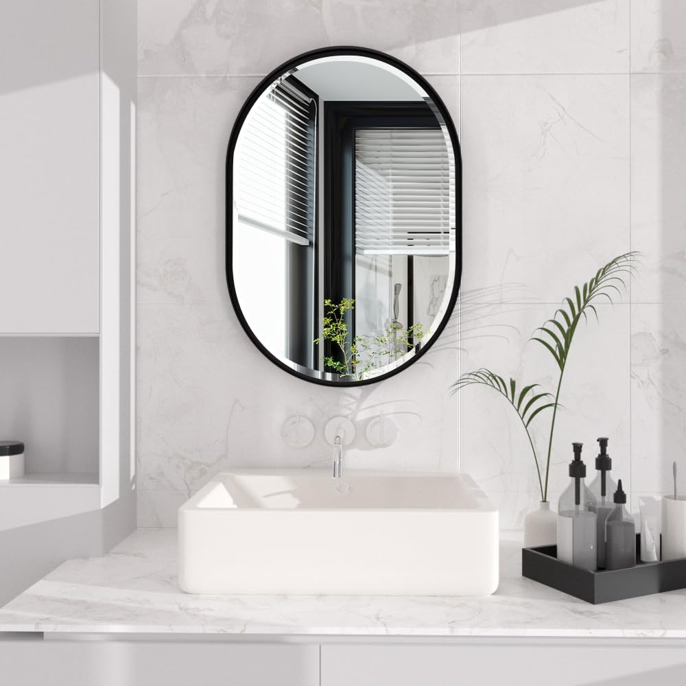 POZINO Black Oval Mirror, Beveled Scalloped Mirror, 22