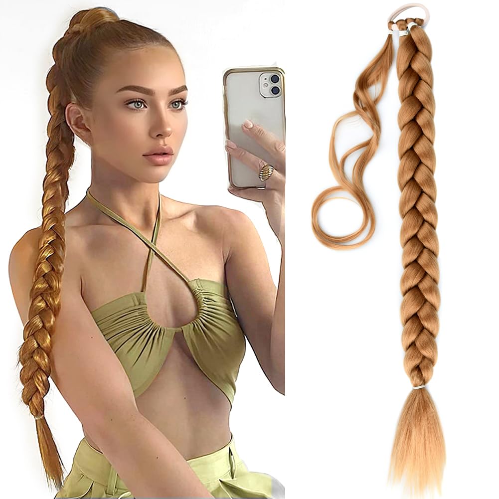 Gledola Long Braided Ponytail Extension 30 Inch Pre stretched Braiding Hair Extensions DIY Braid Ponytail Synthetic Hair Piece (Strawberry Blonde, 30 inches)