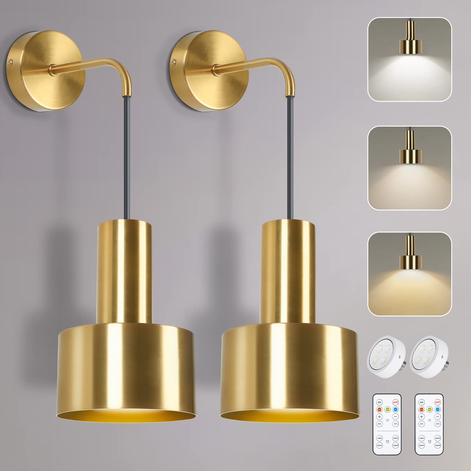 Photo 1 of Gold Battery Operated Wall Sconce, Wireless Wall Lights Set of 2, Dimmable Wall lamp with Remote Control, 3000K-6000K Adjustable Modern Luxury LED Light Fixtures for Kitchen Bedroom Living Room Stairs