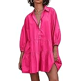 chouyatou Women's Summer Puff Sleeve Tiered Tunic Babydoll Dress Cute Mini Button Down Shirt Dress
