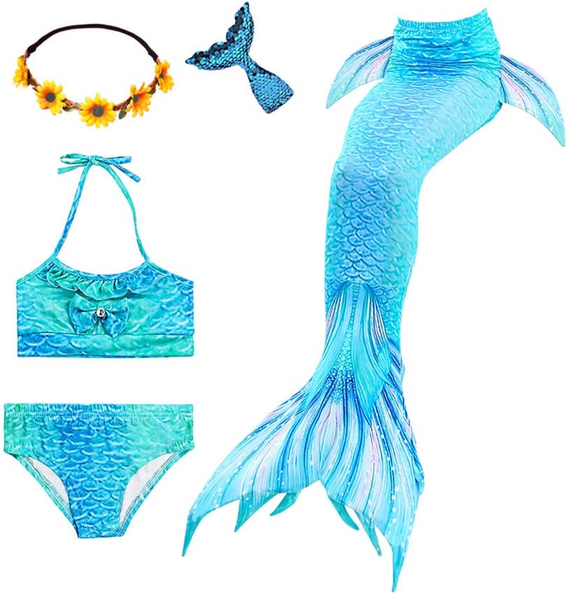 Mskseciy Mermaid Tails for Girls Swimming 3Pcs Mermaid Bathing Suit Swimsuit Princess Bikini for 3-12 Year Old