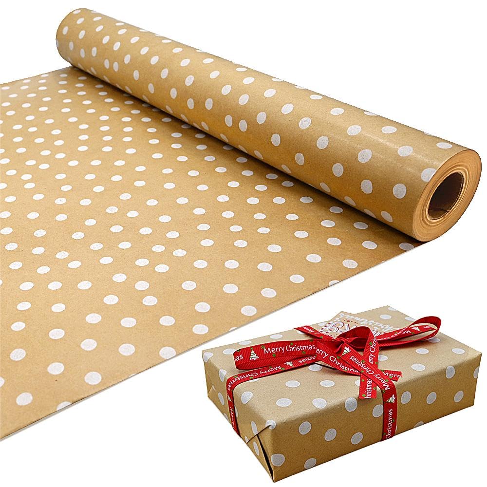 15m Roll of Kraft White Polka Dots Wrapping Paper Roll,100% Recyclable ECO Gift For Birthday Present Party Christmas Decorations(15m x 43cm)