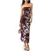 Milumia Women's Floral Ruched Strapless Dress Elegant Backless Bodycon Midi Tube Dresses
