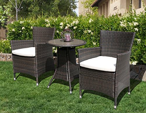 PATIOROMA 2 Pieces Outdoor Single Chairs Patio PE Wicker Arm Seat with White Cushions, Brown