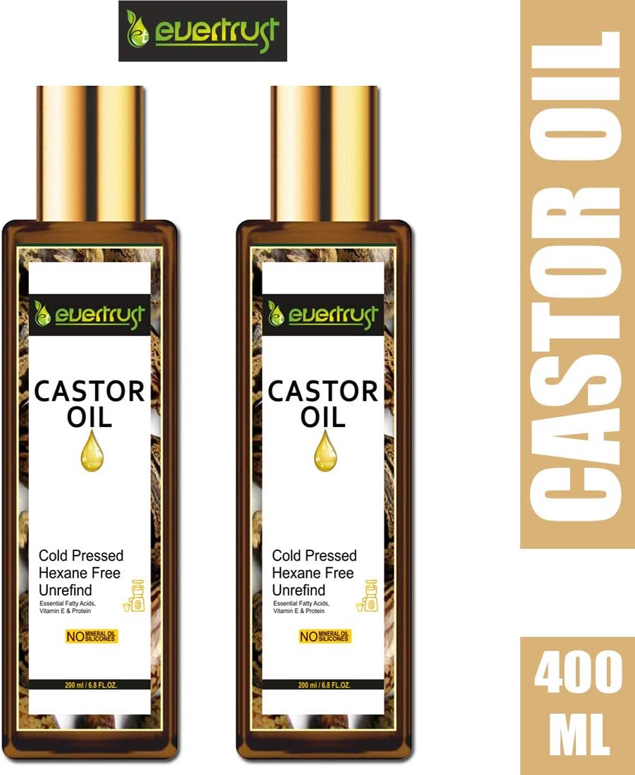 EVERTRUST Cold Pressed Hexane Free Unrefind Castor Oil 400ml Pack Of 2 For |Hair Growth| |Healthy Skin| |glowing lips| & |Longer Eyelashes|