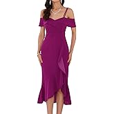 WOMLAYOUT Women's Cocktail Dresses for Wedding Guest Spring 2026 Spaghetti Strap Off The Shoulder Ruffle Formal Dress