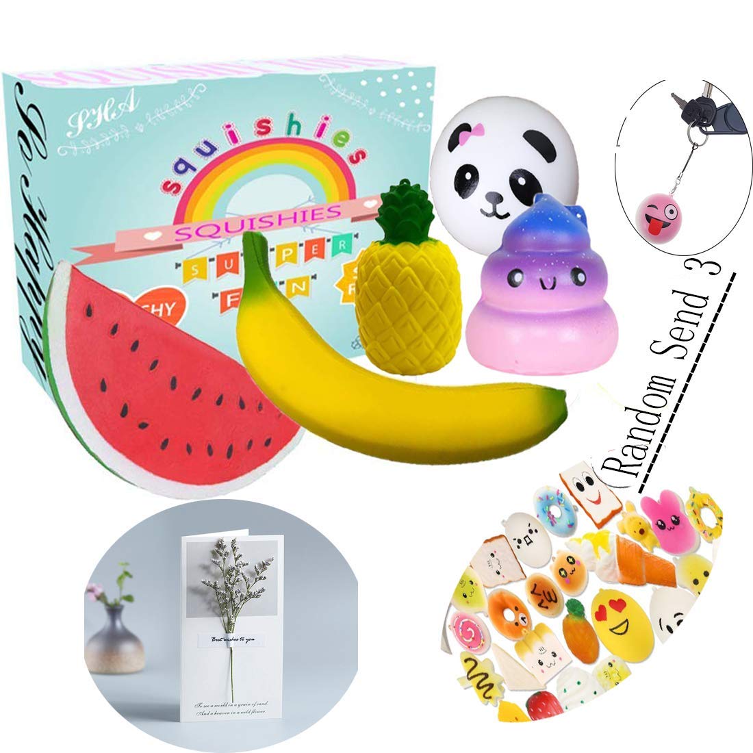 Squishies - Slow Rising Jumbo Squishies Pack，Squishies Toys for Boys/Girls/ and Scented Fruit Squishy Stress Relief Squeeze Soft Toys for Adults 5pcs.（Give Away 3 Small SQUISHIES，a Nice Greeting Card）