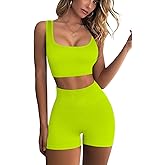 QINSEN Workout Sets for Women 2 Piece Seamless Ribbed Crop Tank High Waist Shorts Yoga Outfits
