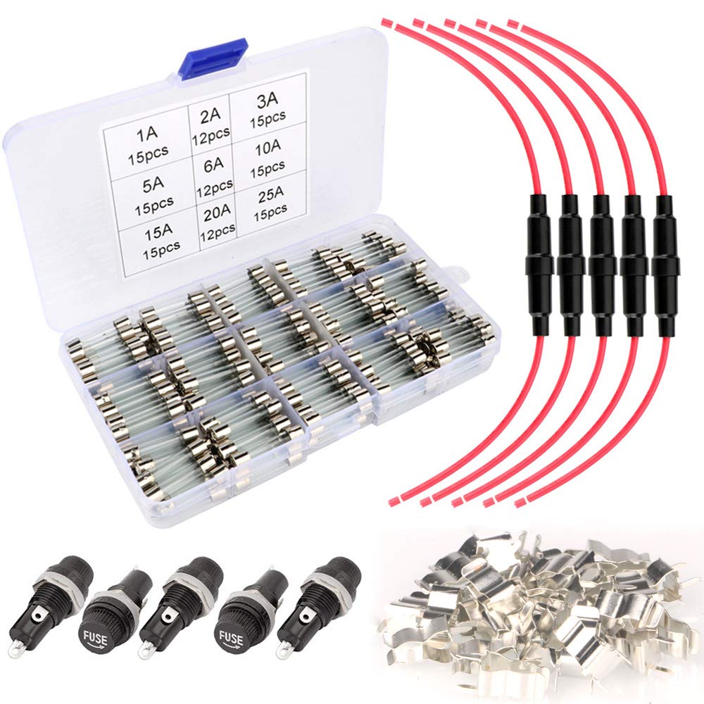 Gebildet 126pcs Glass Fuses Kit - 120 Fast-blow Sizes + 10 Fuse Holders (6x30mm AGC Inline & Panel Mount) + 30 Fuse Seats