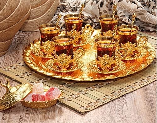 New Turkish Tea Serving Set For Six People With Tray And Spoons
