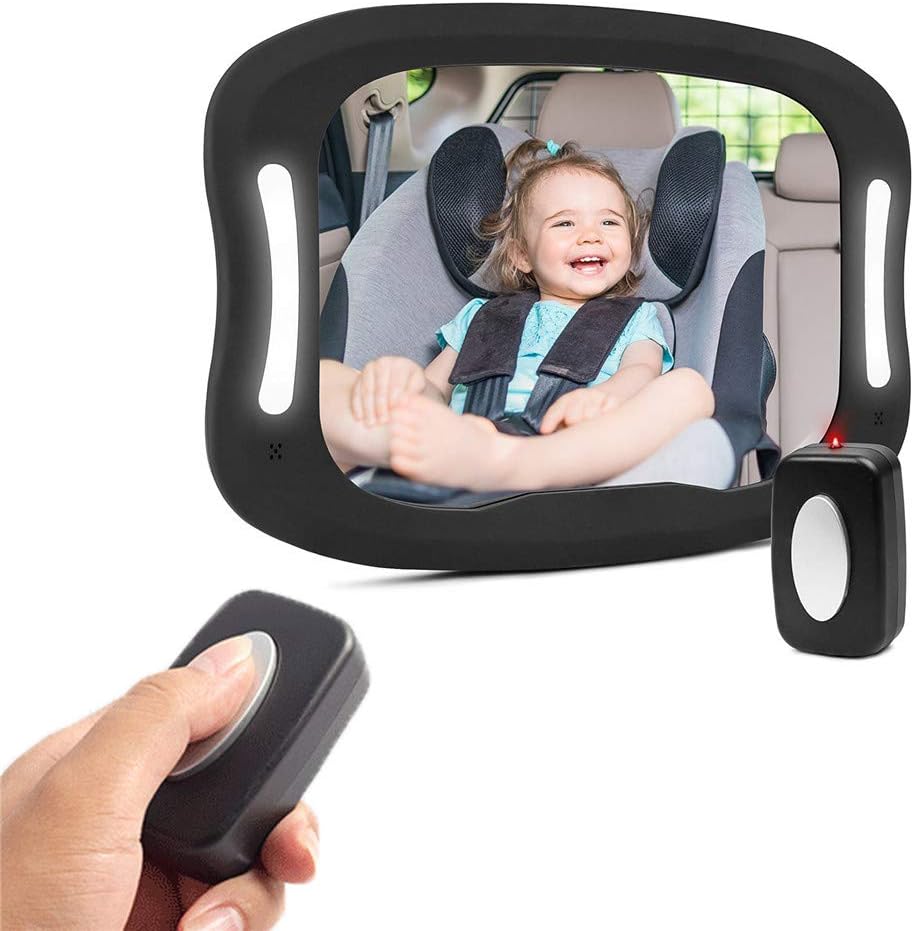CRZJ Baby Car Mirror for Back Seat, Shatterproof | Anti-Wobble Fixing Straps | 360° Adjustable | Fits All Vehicles | Easy to Install, with Light
