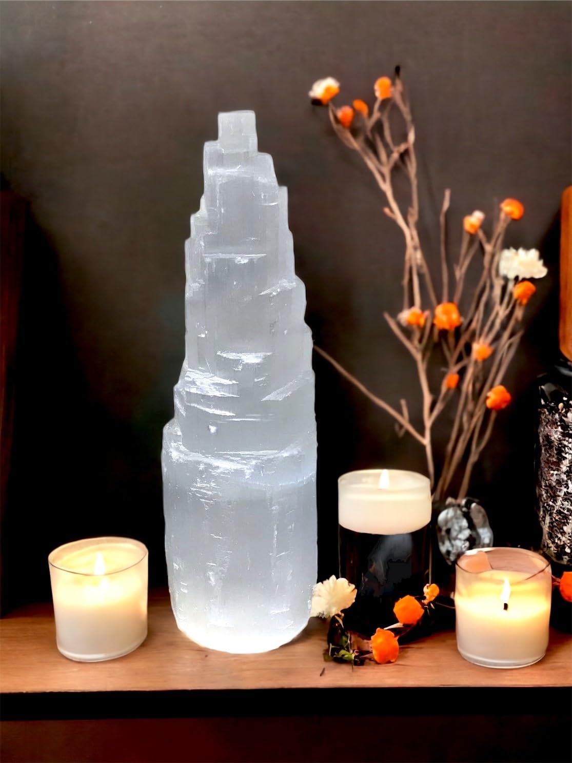 Selenite Mountain Pillars Handmade White Natural Raw Crystal Tower Healing Energy Mineral Meditation Charging Selenite Crystal Table Decorative Pillar Chakra Spiritual Gift Decorative (15cm)