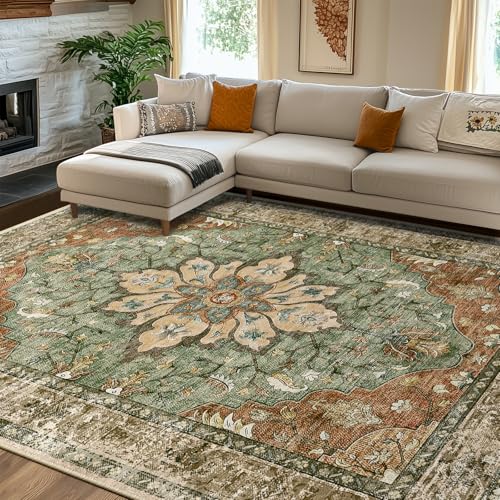 RELEANY Area Rugs 8x10 Floral Washable Rug Carpet, Brick Rust Red Brown | Boho Farmhouse, Low Pile Non Slip, Soft Print, Home Decor, Indoor for Living Room Bedroom Kitchen Hallway Dining Room Office