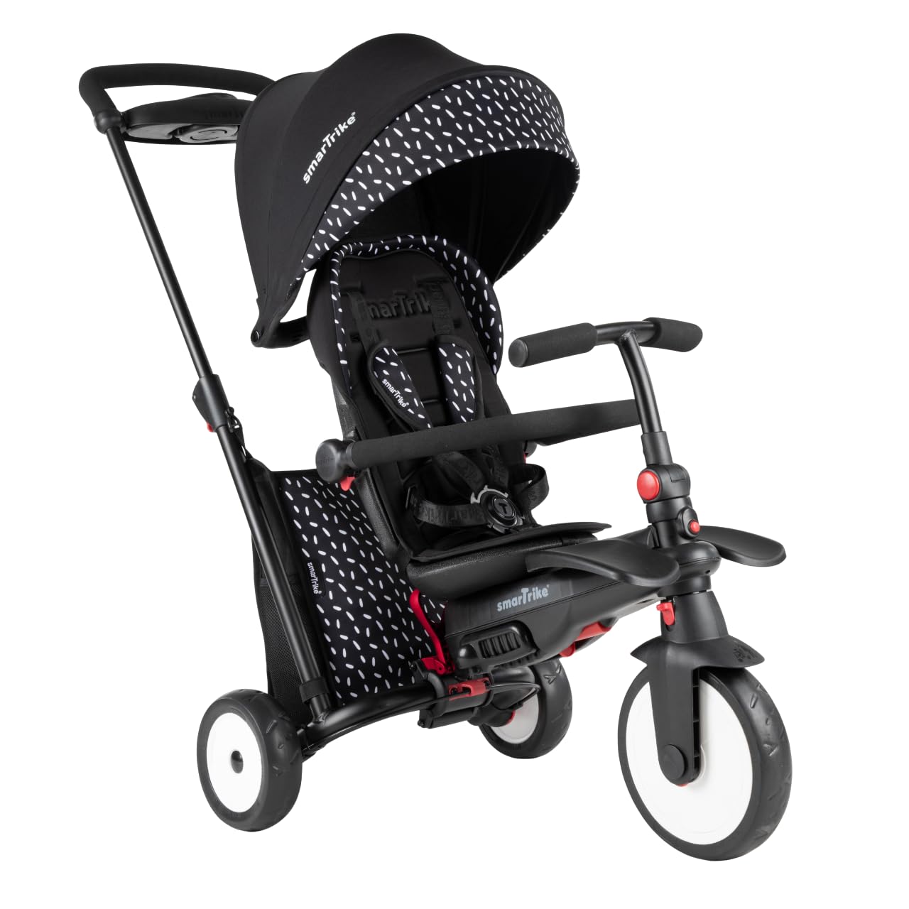 smarTrike STR5 Folding Toddler Trike with Stroller Certification for 1-3 Year Old, 7 in 1 Multi-Stage Trike (Black and White)