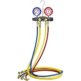 46013 Charging Manifold Gauge Set, 4 Valve A/C Manifold Gauge, 60"(5Ft) | 3Pcs Hoses 1/4" Ball Valve Hose Set &amp; 1 Pc 3/8" Vacuum Hose, for R404A, R410A, R22