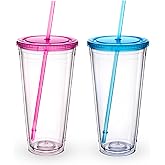 Zukro Clear Acrylic Tumbler with Straw and Lid 32 oz, Double Walled Insulated Reusable Plastic Iced Coffee Cup, To Go Cup Perfect for Parties, Birthdays, Fit in Cupholder, BPA Free, Red & Blue 2 Pack
