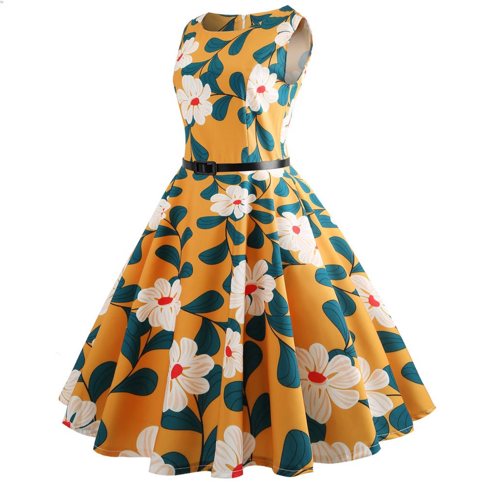 Women\'s 1950s Classy Cocktail Party Prom Vintage Rockabilly Floral Swing Dress with Belt Yellow M