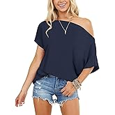 Mcnlyce Off the Shoulder Tops for Women Short Sleeve Batwing Shirts Oversized Tee Tunic Summer Casual Loose Fit