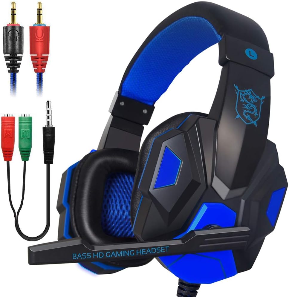 Xmowi 3.5 mm Wired Noise Isolation Gaming Headset and Audio Y Splitter Cable (1 Male to 2 Female) with Mic, Vol Control for Laptop Computer, Cellphone, PS4 (Blue)