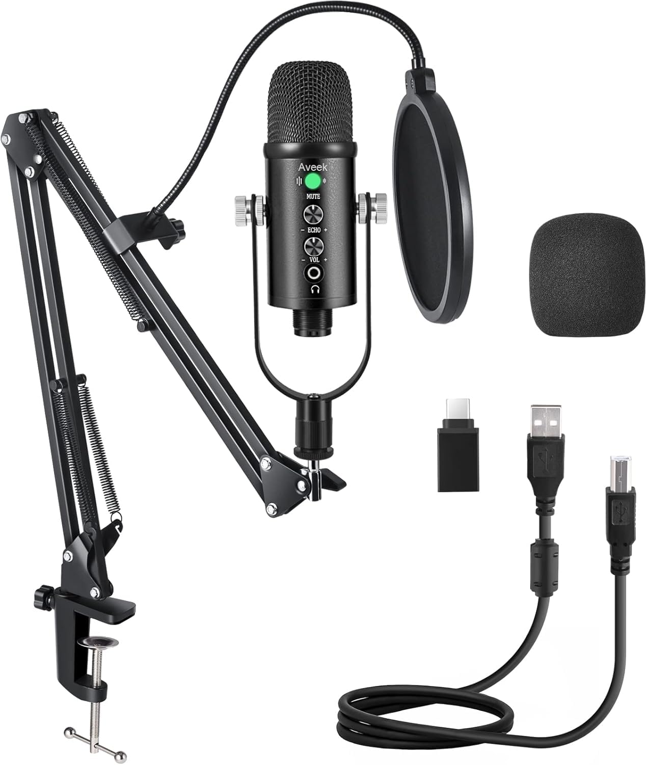 Aveek USB Microphone Kit, Metal Podcast Mic for PC Android Phone MacOS PS4&5, with Noise Cancelling/Echo/Quick Mute/Monitoring, Condenser Microphone with boom Arm for Gaming,Recording,Streaming,ASMR