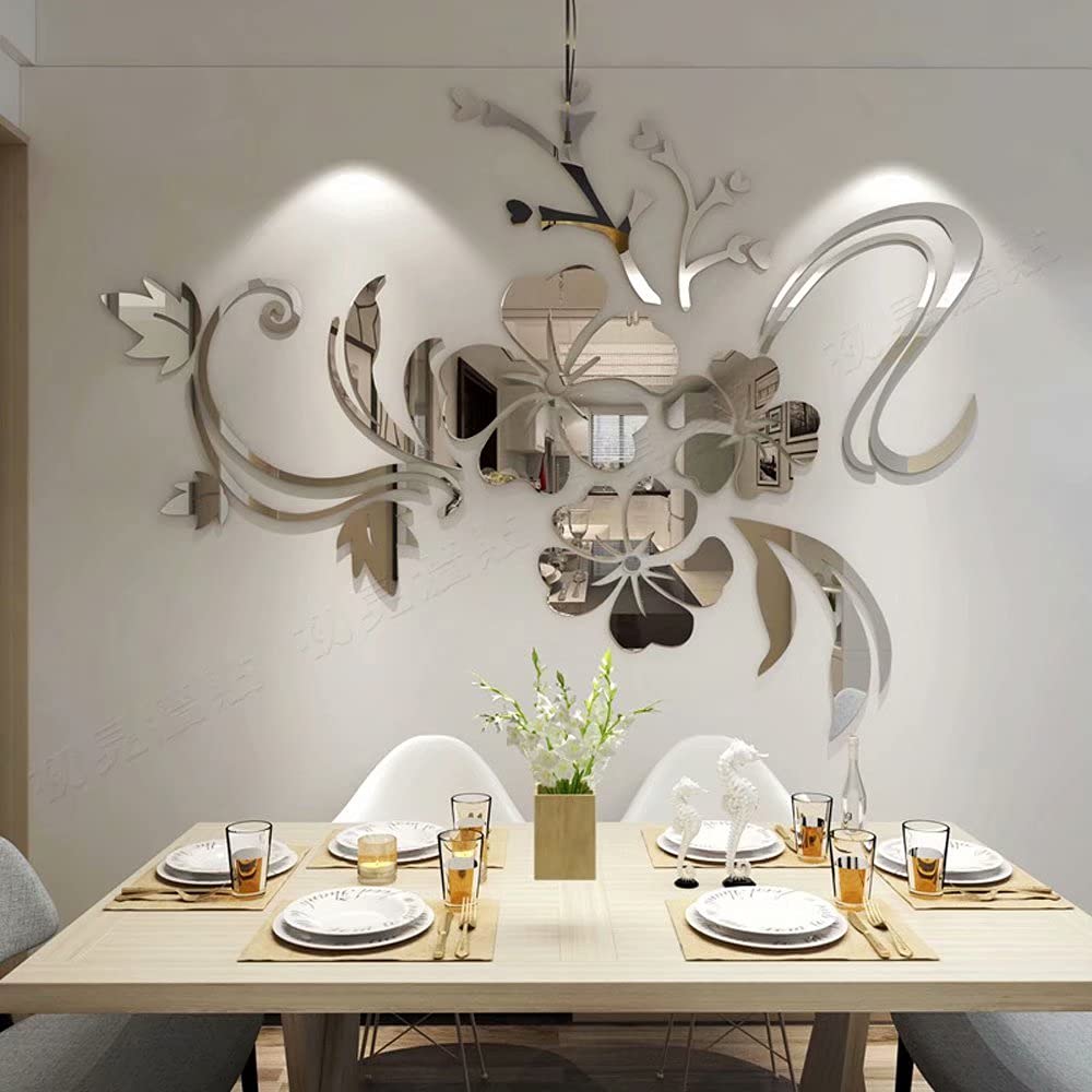 Wall Stickers Flower Mirror - 3D Wall Art for Living Room Family Decals Home Decorations for Office Sofa Bedroom (Silvery XL:68 * 91 inch)